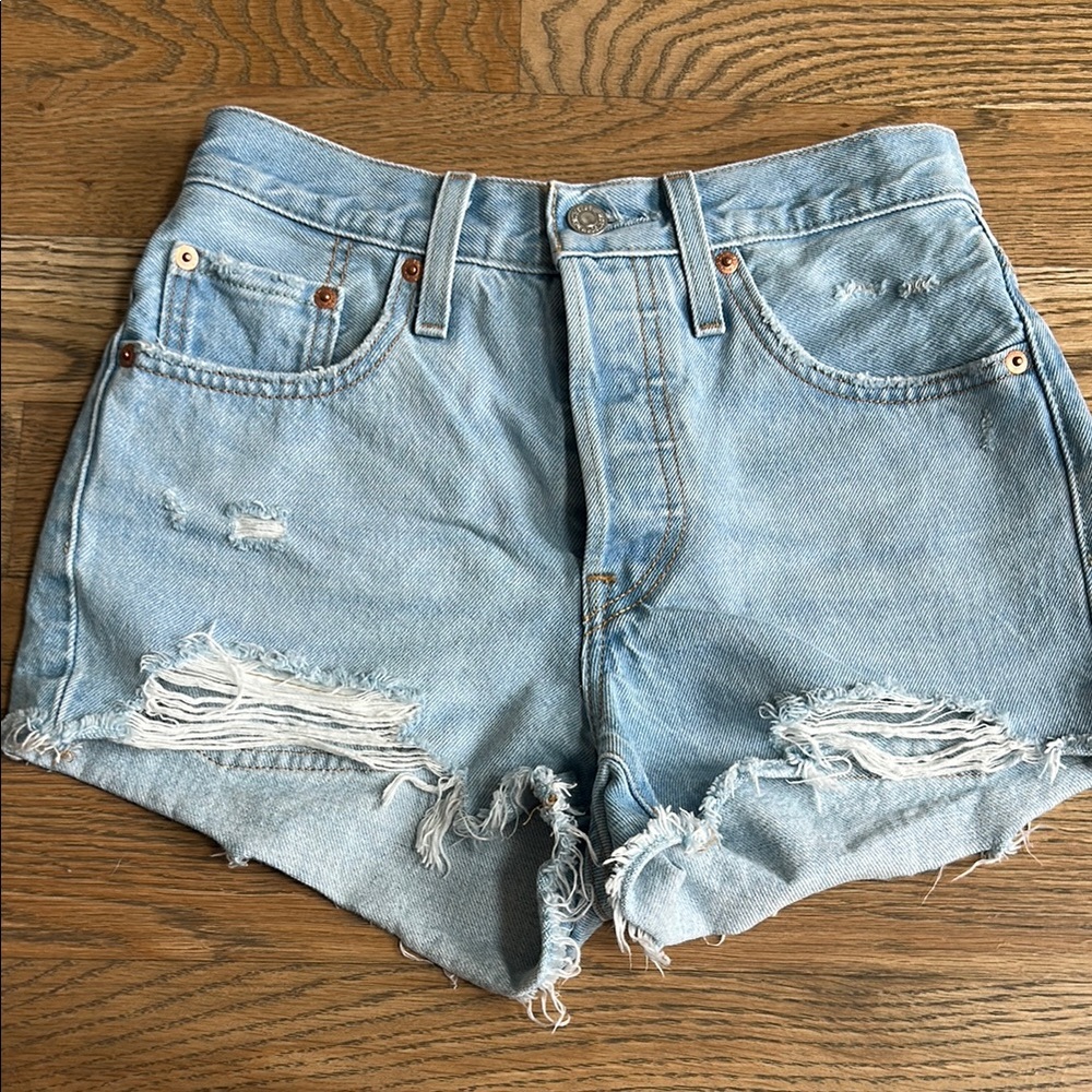 Levi’s light wash distressed, jean shorts size 24